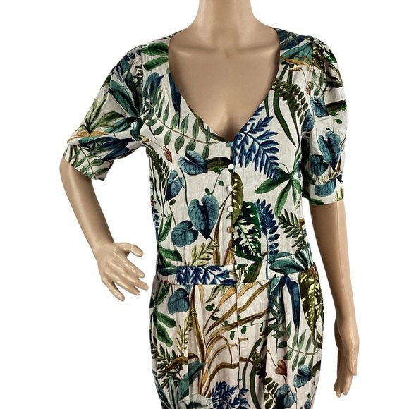 Chaser Tropical Botanical Print Button Front Short Sleeve Jumpsuit S - Picture 2 of 6